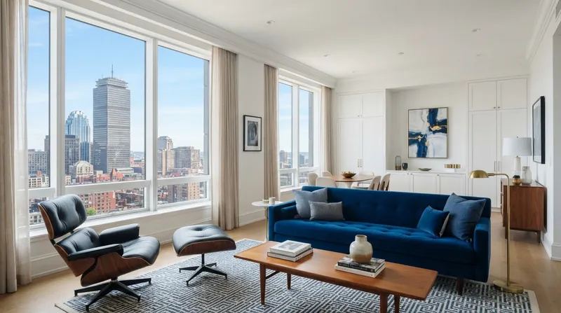 Sunlit renovated apartment interior with a blue velvet sofa and walnut cabinetry